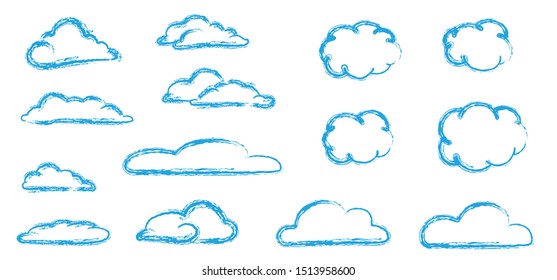 Weather cloud speech bubble sky and clouds background. Flat vector cloud drawing. Comic cartoon sunset. Fun heaven, cloudscape pattern. Borders, airy atmosphere. Weather sign or symbol. Rain rainy day