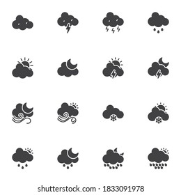 Weather cloud vector icons set, modern solid symbol collection, filled style pictogram pack. Signs, logo illustration. Set includes icons as stormy weather, sunny, rain, snow, shower, night moon, sun