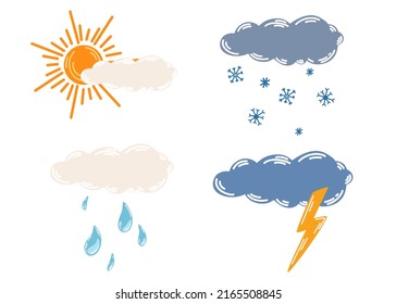 Weather clouds. Different clouds with rain, snow, thunderstorm and sun. Meteorological. Thunderstorm weather symbol for web printing and applications. Vector Hand drawn illustration isolated