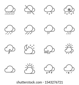 Weather clouds line icons set. linear style symbols collection, outline signs pack. vector graphics. Set includes icons as cloudy weather, rain, shower, wind, thunderstorm, snow, night moon, sunny day