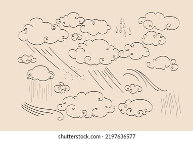 Weather, clouds, rain doodle set, vector Hand drawn sketch style  elements illustration.