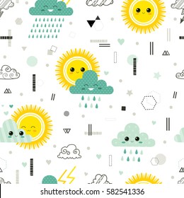 Weather. Clouds and sun. Cute vector characters. Modern vector seamless pattern with  trendy geometric elements. All elements are  hidden under mask. Pattern are not cropped and can be edited.