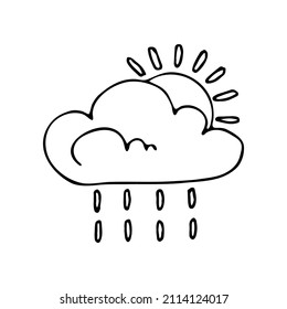 The weather is cloudy with sun and rain. Vector doodle cloud. Hand drawn meteorological forecast symbols. Rainy season. Thin line web design icon.