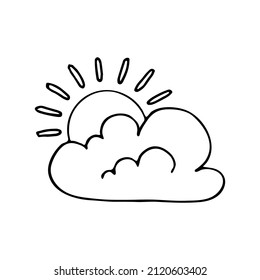 The weather is cloudy with sun. Vector doodle cloud. Hand drawn meteorological forecast symbols. Sunny thin line web design icon.