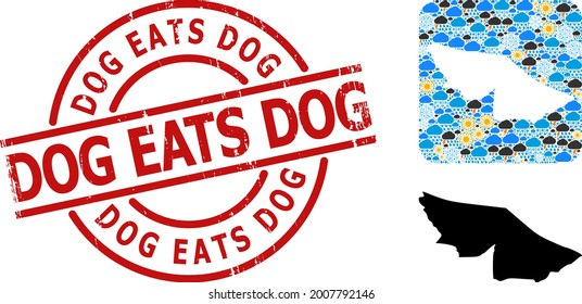 Weather collage map of Acre State, and textured red round Dog Eats Dog stamp seal. Geographic vector collage map of Acre State is combined as stencil from rounded square and randomized rain, cloud,
