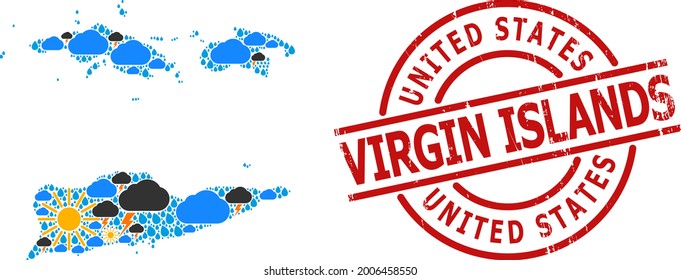 Weather collage map of American Virgin Islands, and distress red round stamp seal. Geographic vector collage map of American Virgin Islands is created with scattered rain, cloud, sun,