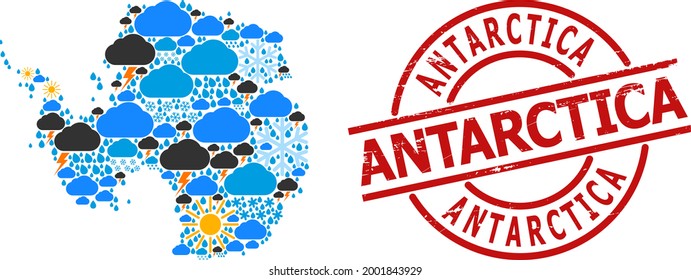 Mapa de collage del clima de la Antártida, y estampado redondo rojo de caucho. El mapa geográfico del collage vectorial de la Antártida se hace desde la lluvia dispersa, la nube, el sol, los iconos de la tormenta eléctrica.