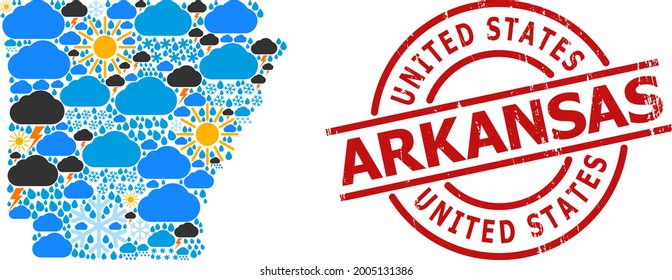 Weather collage map of Arkansas State, and rubber red round stamp. Geographic vector collage map of Arkansas State is constructed from random rain, cloud, sun, thunderstorm symbols.