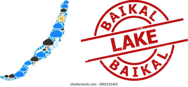 Weather collage map of Baikal, and grunge red round stamp seal. Geographic vector collage map of Baikal is composed from scattered rain, cloud, sun, thunderstorm.