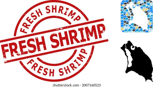 Weather collage map of Barbuda Island, and textured red round Fresh Shrimp stamp. Geographic vector collage map of Barbuda Island is organized as carved shape from rounded square and scattered rain,