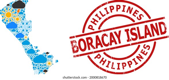 Weather collage map of Boracay Island, and rubber red round stamp seal. Geographic vector collage map of Boracay Island is constructed from random rain, cloud, sun, thunderstorm items.