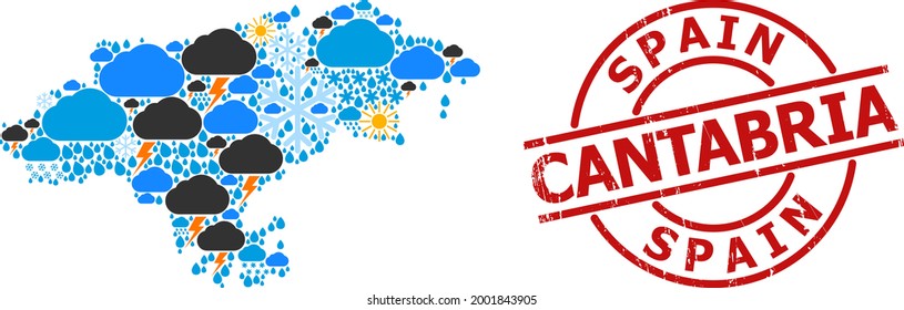 Weather collage map of Cantabria Province, and rubber red round stamp. Geographic vector collage map of Cantabria Province is created with scattered rain, cloud, sun, thunderstorm items.