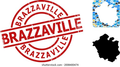 Weather collage map of Chandigarh City, and scratched red round Brazzaville stamp. Geographic vector collage map of Chandigarh City is organized as carved shape from rounded square and scattered rain,