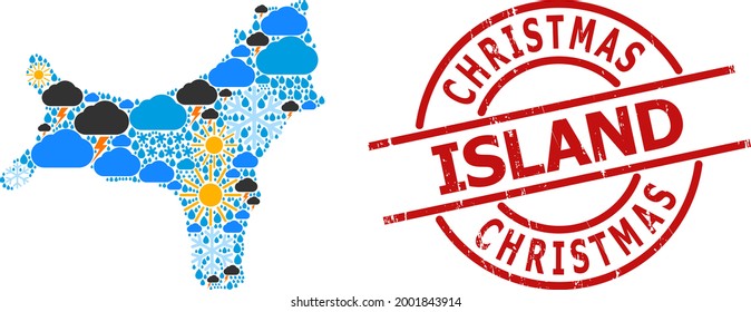 Weather collage map of Christmas Island, and grunge red round badge. Geographic vector collage map of Christmas Island is designed with randomized rain, cloud, sun, thunderstorm icons.