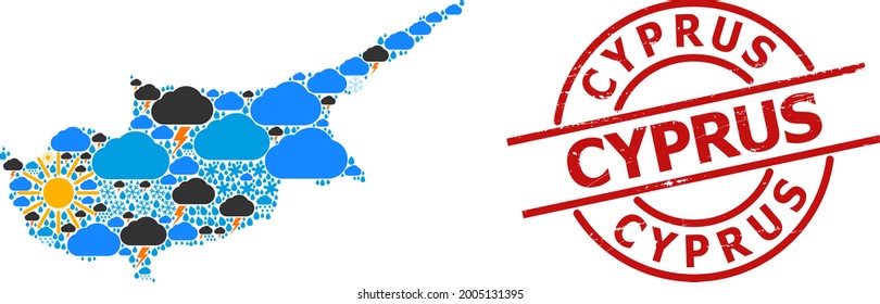 Wetterkarte der Insel Zypern und Stempelabdruck. Geographische Vektorgrafik der Insel Zypern entworfen aus verstreuten Regen, Wolke, Sonne, Gewitter-Symbolen.