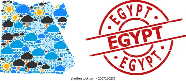 Weather collage map of Egypt, and rubber red round stamp seal. Geographic vector collage map of Egypt is organized with randomized rain, cloud, sun, thunderstorm symbols.