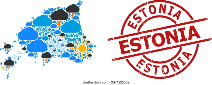 Weather collage map of Estonia, and grunge red round seal. Geographic vector mosaic map of Estonia is composed with randomized rain, cloud, sun, thunderstorm items.