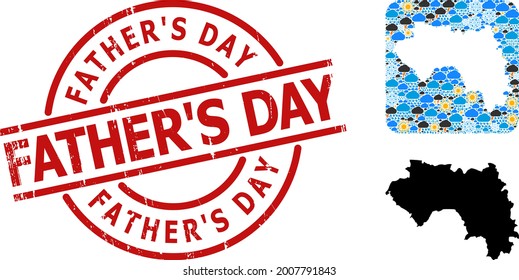 Weather collage map of French Guinea, and distress red round Father S Day badge. Geographic vector collage map of French Guinea is created as carved shape from rounded square and random rain, cloud,
