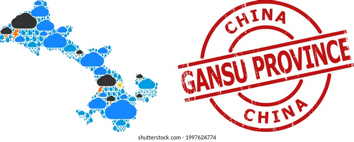 Weather collage map of Gansu Province, and textured red round stamp. Geographic vector composition map of Gansu Province is constructed from random rain, cloud, sun, thunderstorm elements.
