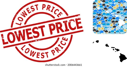 Weather collage map of Hawaii State, and textured red round Lowest Price stamp. Geographic vector collage map of Hawaii State is created as carved shape from rounded square and scattered rain, cloud,