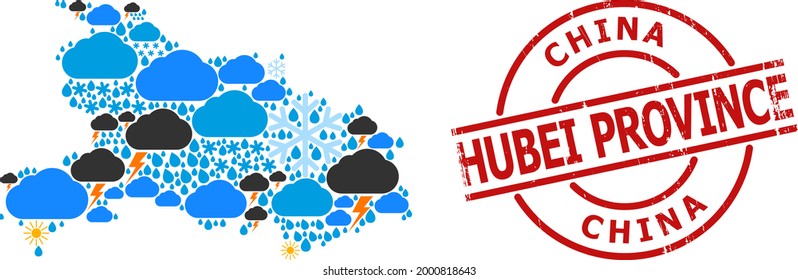 Weather collage map of Hubei Province, and distress red round stamp seal. Geographic vector collage map of Hubei Province is combined from randomized rain, cloud, sun, thunderstorm items.