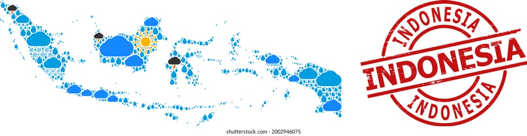 Weather collage map of Indonesia, and textured red round stamp seal. Geographic vector concept map of Indonesia is done with random rain, cloud, sun, thunderstorm elements.