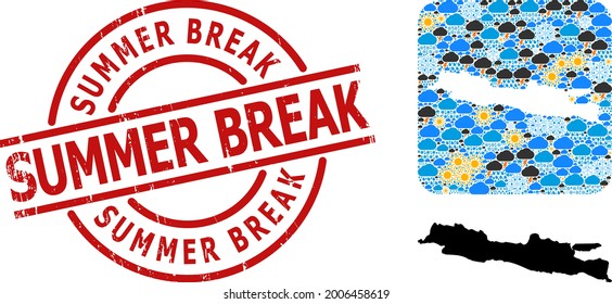 Weather collage map of Java Island, and grunge red round Summer Break stamp seal. Geographic vector collage map of Java Island is combined as hole from rounded square and randomized rain, cloud, sun,
