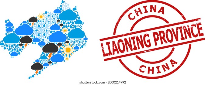 Weather collage map of Liaoning Province, and scratched red round stamp. Geographic vector collage map of Liaoning Province is constructed from scattered rain, cloud, sun, thunderstorm elements.