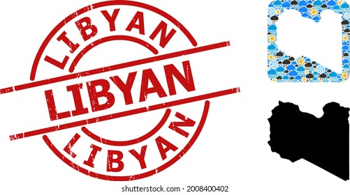 Weather collage map of Libya, and grunge red round Libyan badge. Geographic vector collage map of Libya is composed as hole from rounded square and random rain, cloud, sun, thunderstorm symbols.