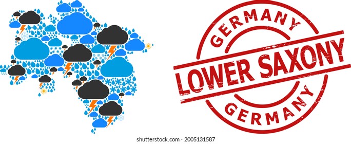 Weather collage map of Lower Saxony State, and rubber red round stamp seal. Geographic vector mosaic map of Lower Saxony State is done with scattered rain, cloud, sun, thunderstorm.
