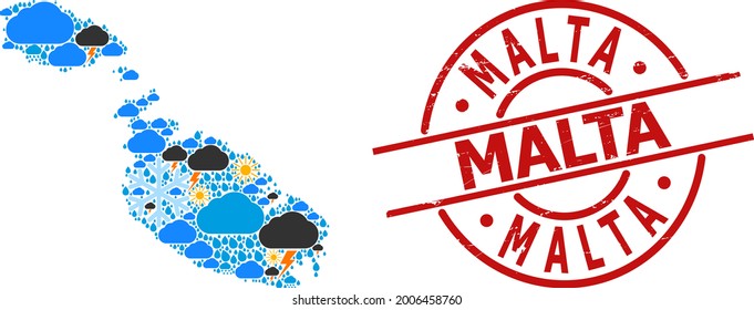Mapa del collage del tiempo de Malta y foca redonda roja gruesa. El mapa geográfico del collage vectorial de Malta está construido a partir de símbolos aleatorios de lluvia, nube, sol y tormenta.