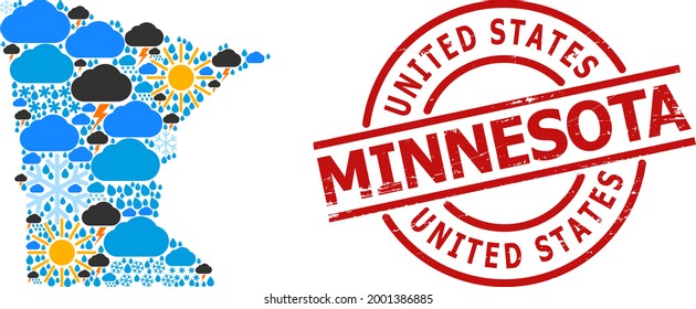 Mapa de collage del tiempo del estado de Minnesota y precinto redondo rojo de socorro. El mapa geográfico de collage vectorial del estado de Minnesota se combina con imágenes dispersas de lluvia, nube, sol, tormentas tormentosas.
