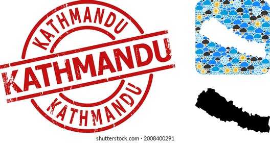 Weather collage map of Nepal, and textured red round Kathmandu stamp seal. Geographic vector collage map of Nepal is combined as carved shape from rounded square and random rain, cloud, sun,
