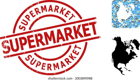 Weather collage map of North America, and textured red round Supermarket seal. Geographic vector composition map of North America is done as carved shape from rounded square and randomized rain,