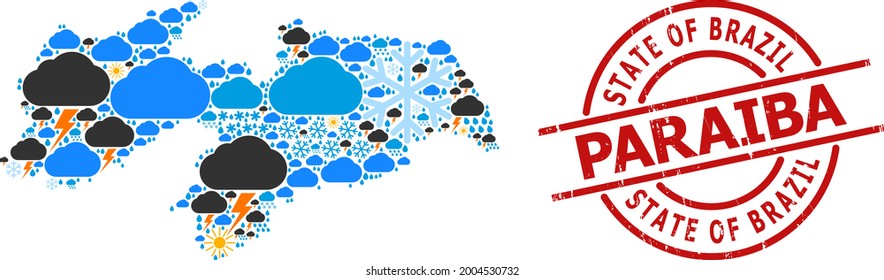 Weather collage map of Paraiba State, and rubber red round stamp. Geographic vector collage map of Paraiba State is constructed with scattered rain, cloud, sun, thunderstorm elements.