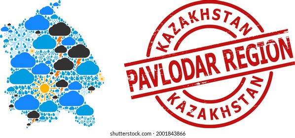 Weather collage map of Pavlodar Region, and rubber red round stamp seal. Geographic vector collage map of Pavlodar Region is designed from scattered rain, cloud, sun, thunderstorm.