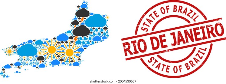 Weather collage map of Rio de Janeiro State, and textured red round badge. Geographic vector concept map of Rio de Janeiro State is composed from scattered rain, cloud, sun, thunderstorm.