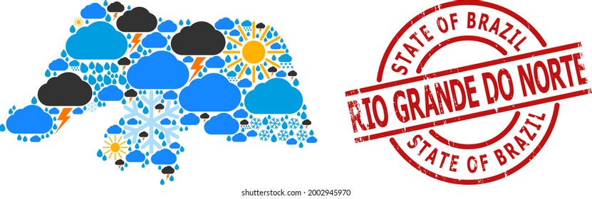 Wetter Collage Karte des Rio Grande do Norte Staat, und Not roten Rundstempel. Geographische Vektorkollage des Rio Grande do Norte State wird mit randomisiertem Regen, Wolke, Sonne,