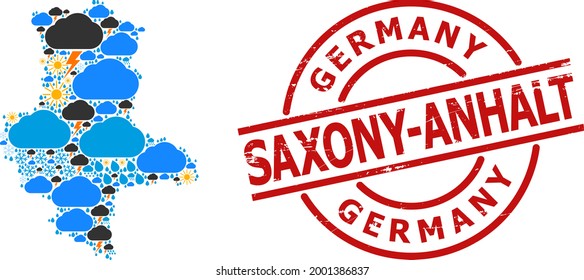 Weather collage map of Saxony-Anhalt State, and grunge red round badge. Geographic vector collage map of Saxony-Anhalt State is created from randomized rain, cloud, sun, thunderstorm icons.