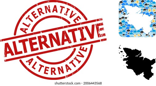 Weather collage map of Schleswig-Holstein State, and scratched red round Alternative stamp seal.