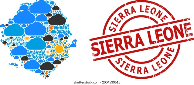 Weather collage map of Sierra Leone, and textured red round badge. Geographic vector mosaic map of Sierra Leone is created with random rain, cloud, sun, thunderstorm icons.