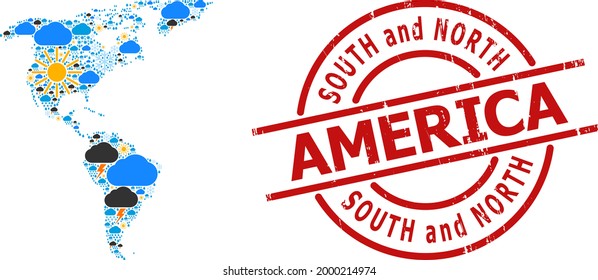 Weather collage map of South and North America, and textured red round badge. Geographic vector collage map of South and North America is constructed with random rain, cloud, sun, thunderstorm items.