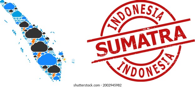 Weather collage map of Sumatra Island, and grunge red round badge. Geographic vector mosaic map of Sumatra Island is composed from randomized rain, cloud, sun, thunderstorm.