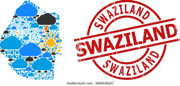 Weather collage map of Swaziland, and grunge red round badge. Geographic vector collage map of Swaziland is designed from random rain, cloud, sun, thunderstorm.