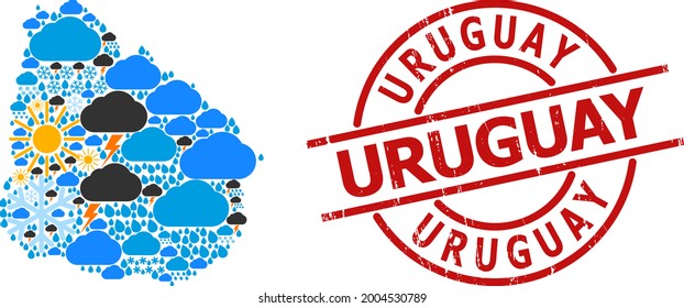 Weather collage map of Uruguay, and textured red round stamp. Geographic vector collage map of Uruguay is constructed with random rain, cloud, sun, thunderstorm symbols.