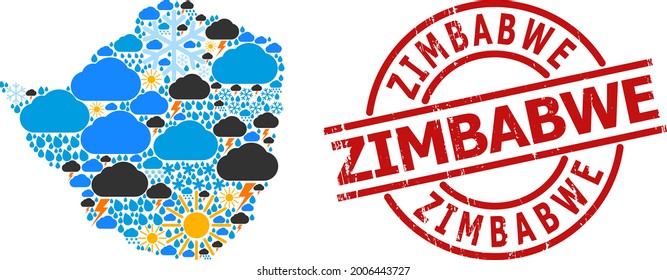Weather collage map of Zimbabwe, and scratched red round stamp seal. Geographic vector collage map of Zimbabwe is designed from scattered rain, cloud, sun, thunderstorm.
