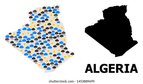 Weather collage vector map of Algeria. Geographic collage map of Algeria is designed with randomized rain, cloud, sun, thunderstorm symbols. Vector flat illustration for climate forecst.