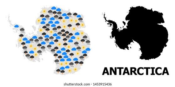 Weather collage vector map of Antarctica. Geographic collage map of Antarctica is constructed from scattered rain, cloud, sun, thunderstorm icons. Vector flat illustration for weather predictions.