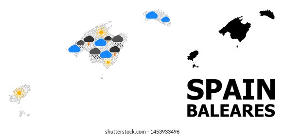 Weather collage vector map of Baleares Province. Geographic collage map of Baleares Province is done with scattered rain, cloud, sun, thunderstorm symbols. Vector flat illustration for weather news.