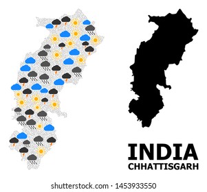 Weather collage vector map of Chhattisgarh State. Geographic collage map of Chhattisgarh State is constructed with scattered rain, cloud, sun, thunderstorm items.